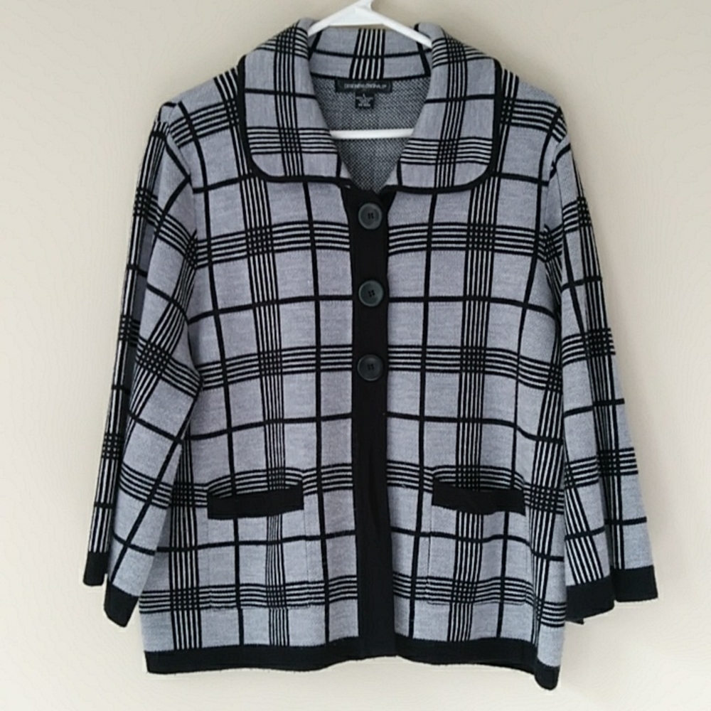 Designers Originals Plaid Windowpane Acrylic Sweater Jacket LARGE Black Gray